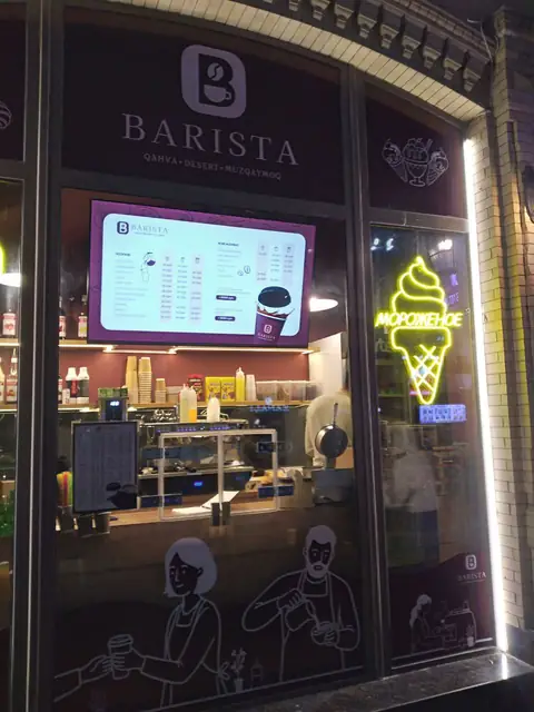 BARISTA: оформление витрины кофейни: плёнка с иллюстрациями, неон, интерьерная колонна