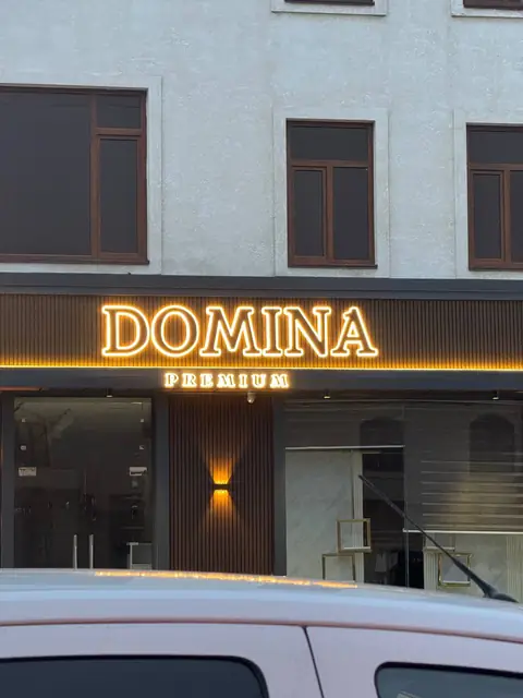 DOMINA PREMIUM: объёмные буквы с контражурной подсветкой на фасаде из ламелей