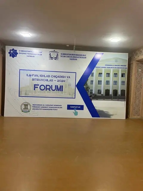 Ilm-fan, ishlab chiqarish va bitiruvchilar – 2024 forumi: пресс-волл и баннер конференции в холле университета