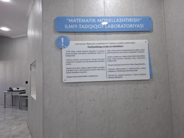 MATEMATIK MODELLASHTIRISH ILMIY-TADQIQOT LABORATORIYASI: табличка и информационные стенды лаборатории