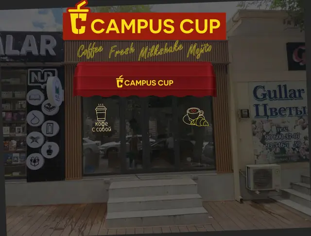 Campus Cup: макет оформления фасада кофейни на фото и макеты постеров для витрины