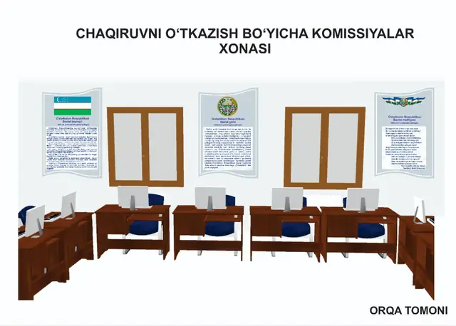Макет Chaqiruvni o‘tkazish bo‘yicha komissiyalar xonasi: 3D-визуализация оформления зала: информационные стенды на стенах с трёх сторон