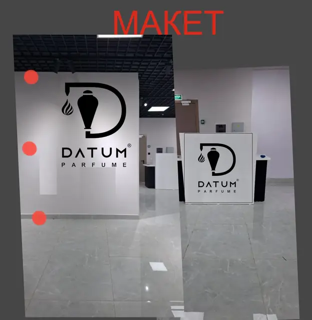 DATUM PARFUME: визуализация логотипа на стене и ресепшене парфюмерного магазина, производственные макеты логотипа с размерами