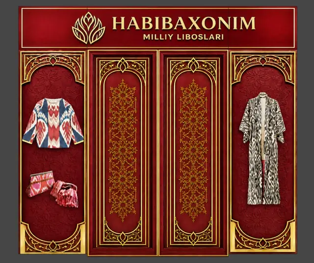 HABIBAXONIM milliy liboslari: макет входной группы: вывеска с золотыми буквами и орнаментальные панели