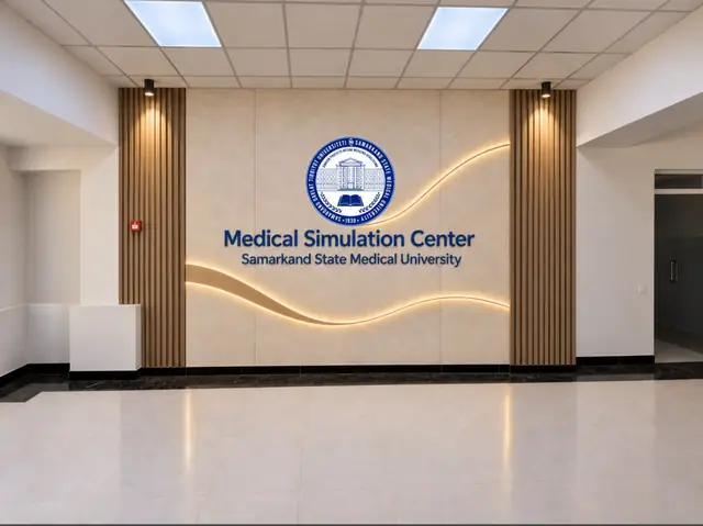 Medical Simulation Center: визуализация ресепшен-стены с объёмным логотипом и волной подсветки
