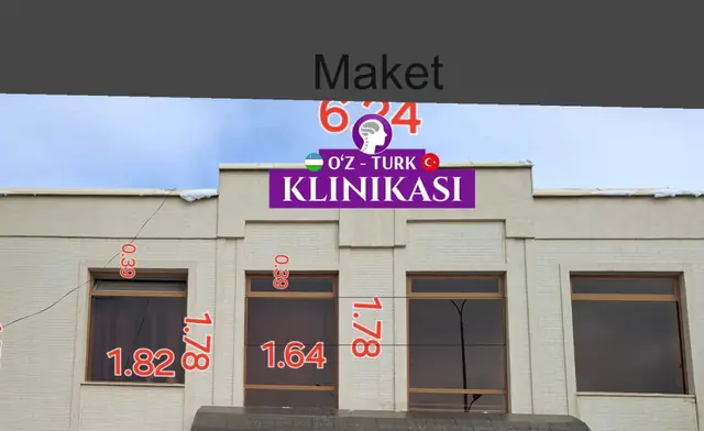 O‘Z-TURK KLINIKASI: макет вывески клиники на фасаде с размерами