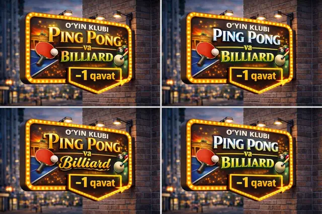 O‘yin klubi Ping Pong va Billiard: концепт световой консольной вывески, четыре варианта шрифта