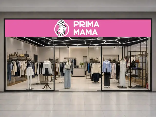 PRIMA MAMA: визуализация вывески над витриной в торговом центре и производственный макет с размерами