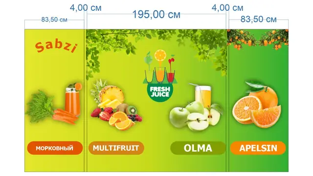 Sabzi Fresh Juice: макет оклейки фреш-бара с размерами панелей