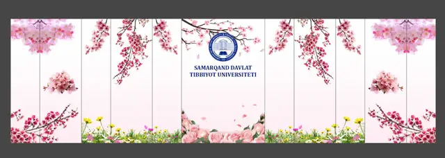 Samarqand Davlat Tibbiyot Universiteti: макет панорамного пресс-волла и фотозоны с весенним оформлением