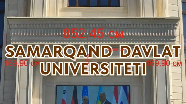 SAMARQAND DAVLAT UNIVERSITETI: визуализация объёмных букв на фасаде университета с размерами