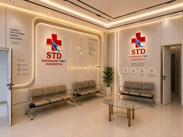 STD Samarqand Tibbiy Diagnostika: визуализация интерьерных вывесок и оформления холла клиники