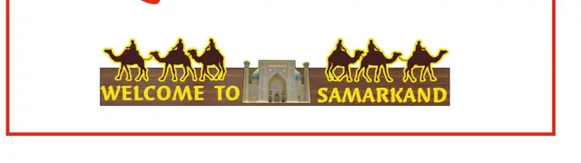 WELCOME TO SAMARKAND: макет фигурной вывески с силуэтами верблюдов и производственный макет букв с размерами